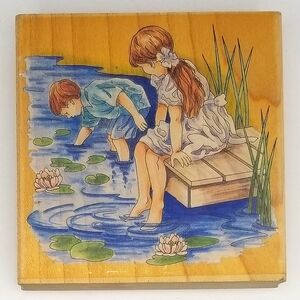 Stamps Happen Vintage "Children at Dock" Wooden Rubber Craft Stamp